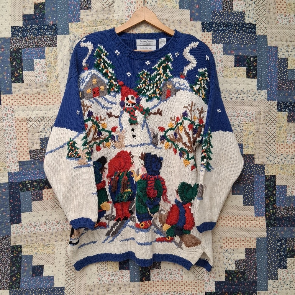 Vintage Northern Isles Signature Hand Knitted 3D Sweater Snowman Winter Size XL
